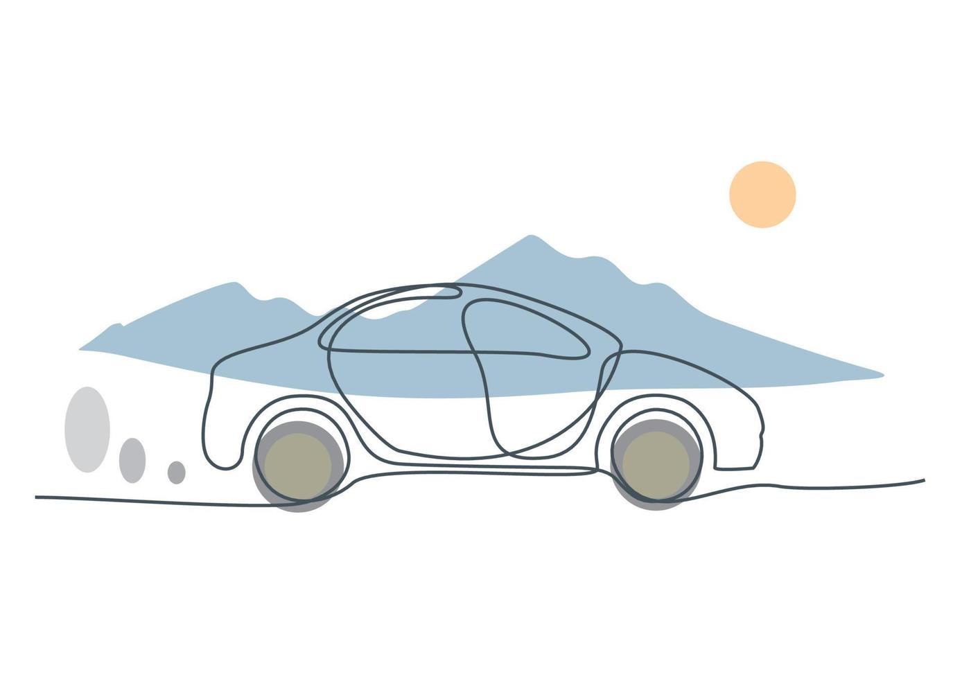 diseño minimalista de coche dibujado a mano en línea continua. conducir en la ilustración del desierto vector