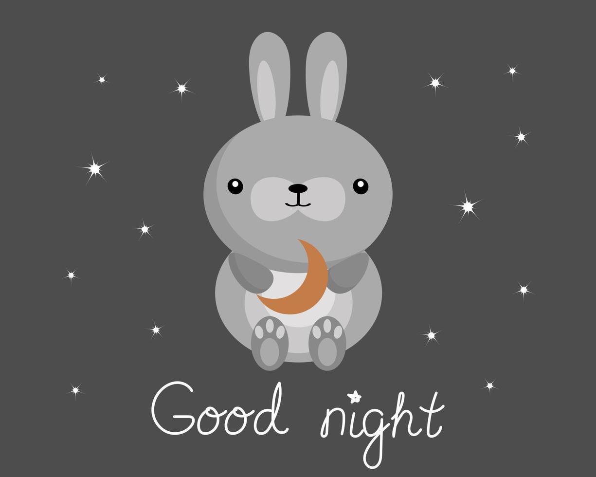 ilustración, conejito divertido con la luna y texto en inglés buenas noches  en un fondo oscuro con estrellas. impresión para niños, póster, vector  7591633 Vector en Vecteezy