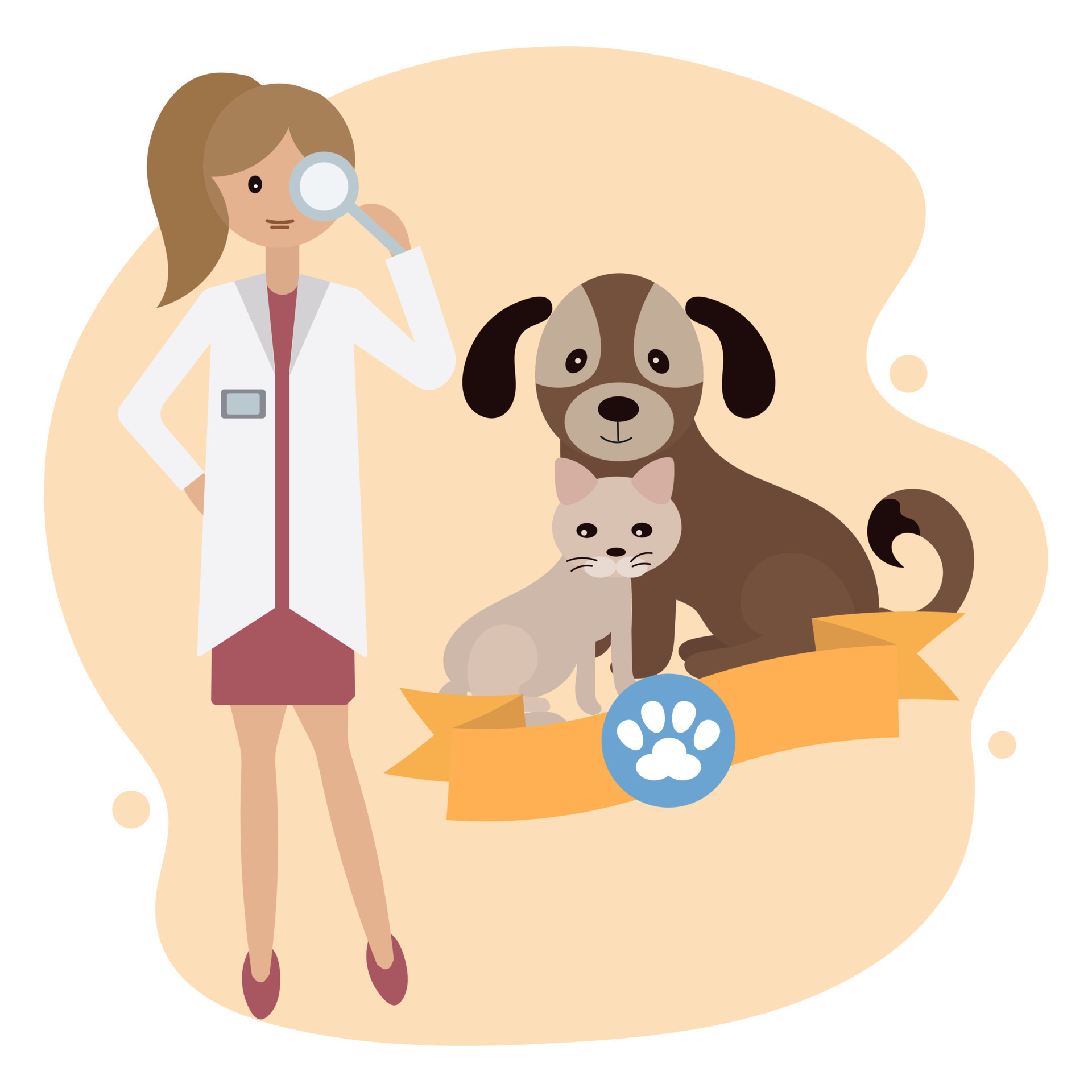 Illustration of a veterinary hospital, a female veterinarian with a  magnifying glass, a dog and a cat. Clip art, print, animal treatment design  7591798 Vector Art at Vecteezy