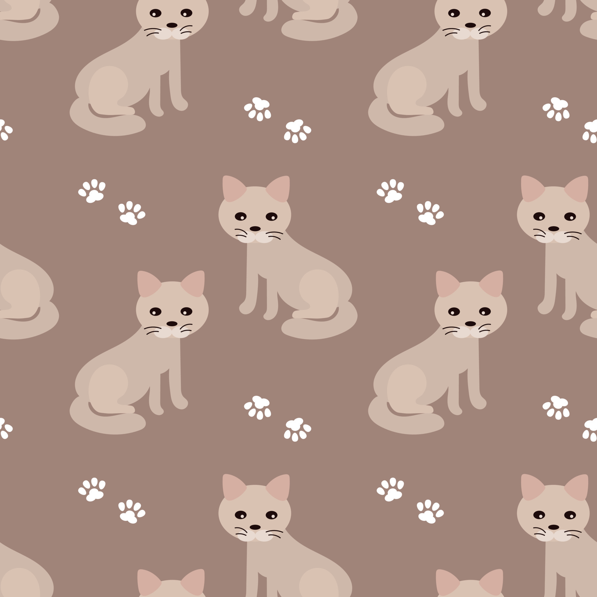 Seamless pattern, cute beige kittens and paw prints on a beige ...