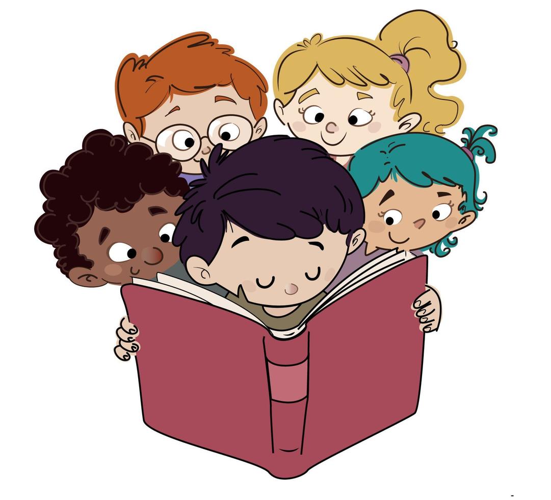 Group of children reading a book vector