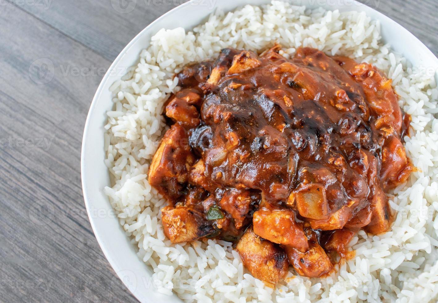 curry glazed chicken over white rice flat lay photo