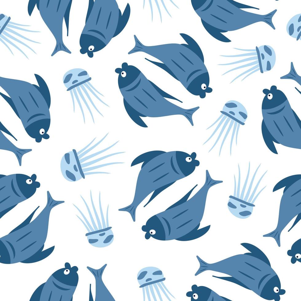 patrón impecable con peces azules y medusas en un fondo blanco vector