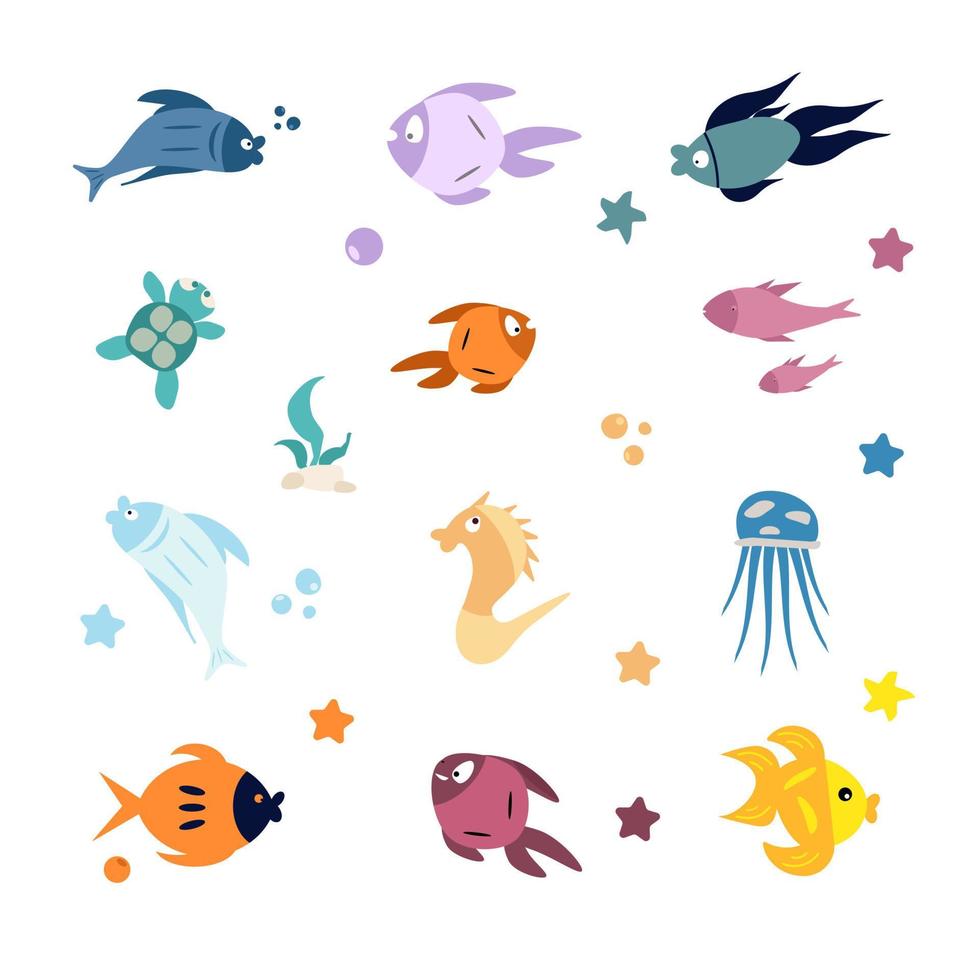 Set of colorful fish and marine life vector