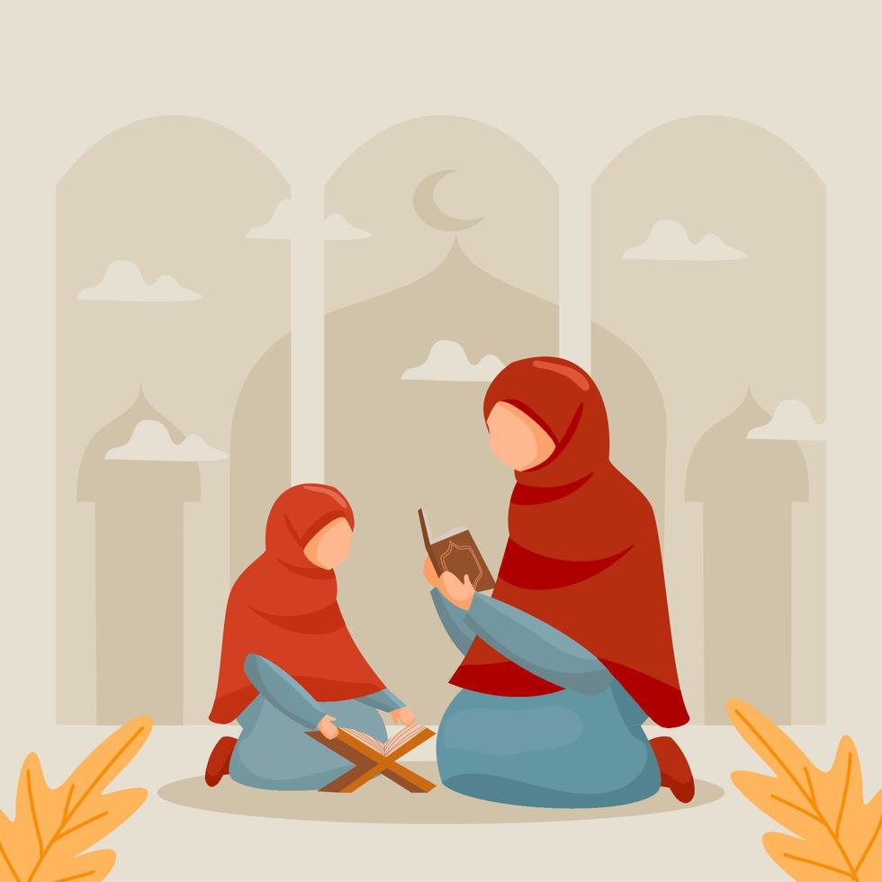 Muslim mother and daughter learn Quran vector