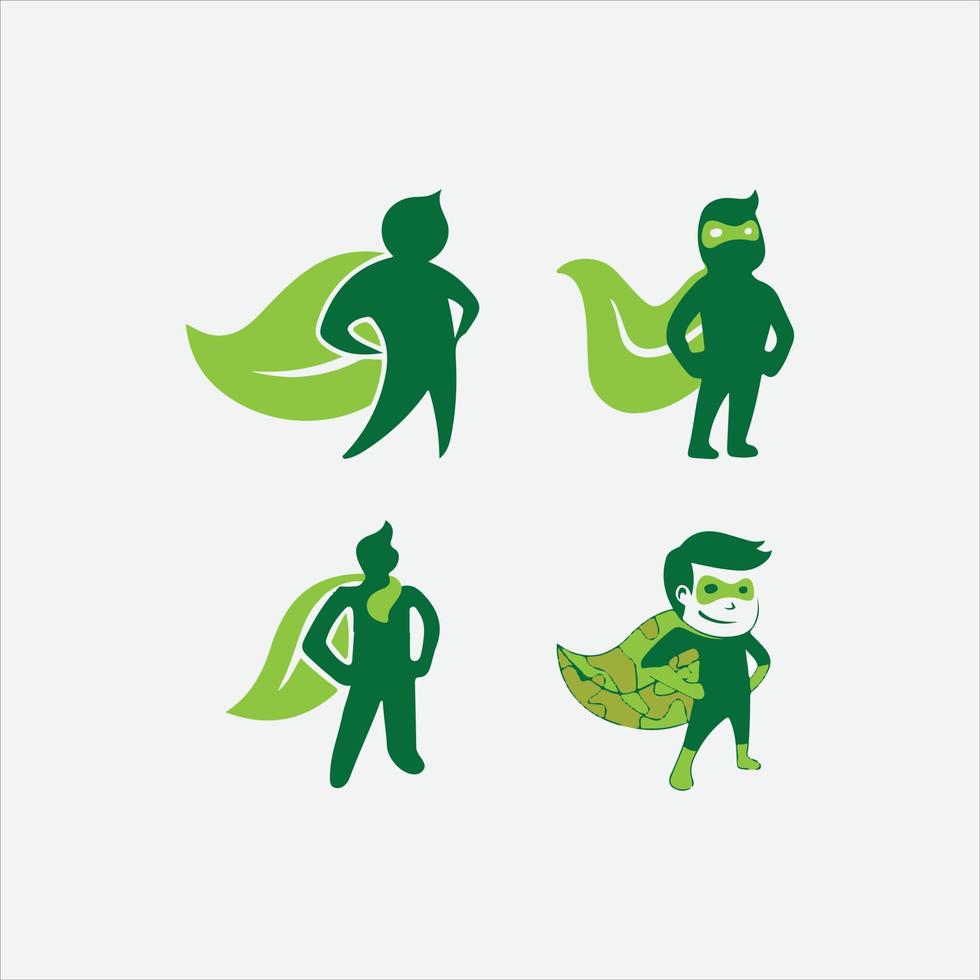 plantilla de logotipo de mascota de personaje de superhéroe ecológico, hombres jóvenes en capas de hojas verdes ilustraciones vectoriales vector