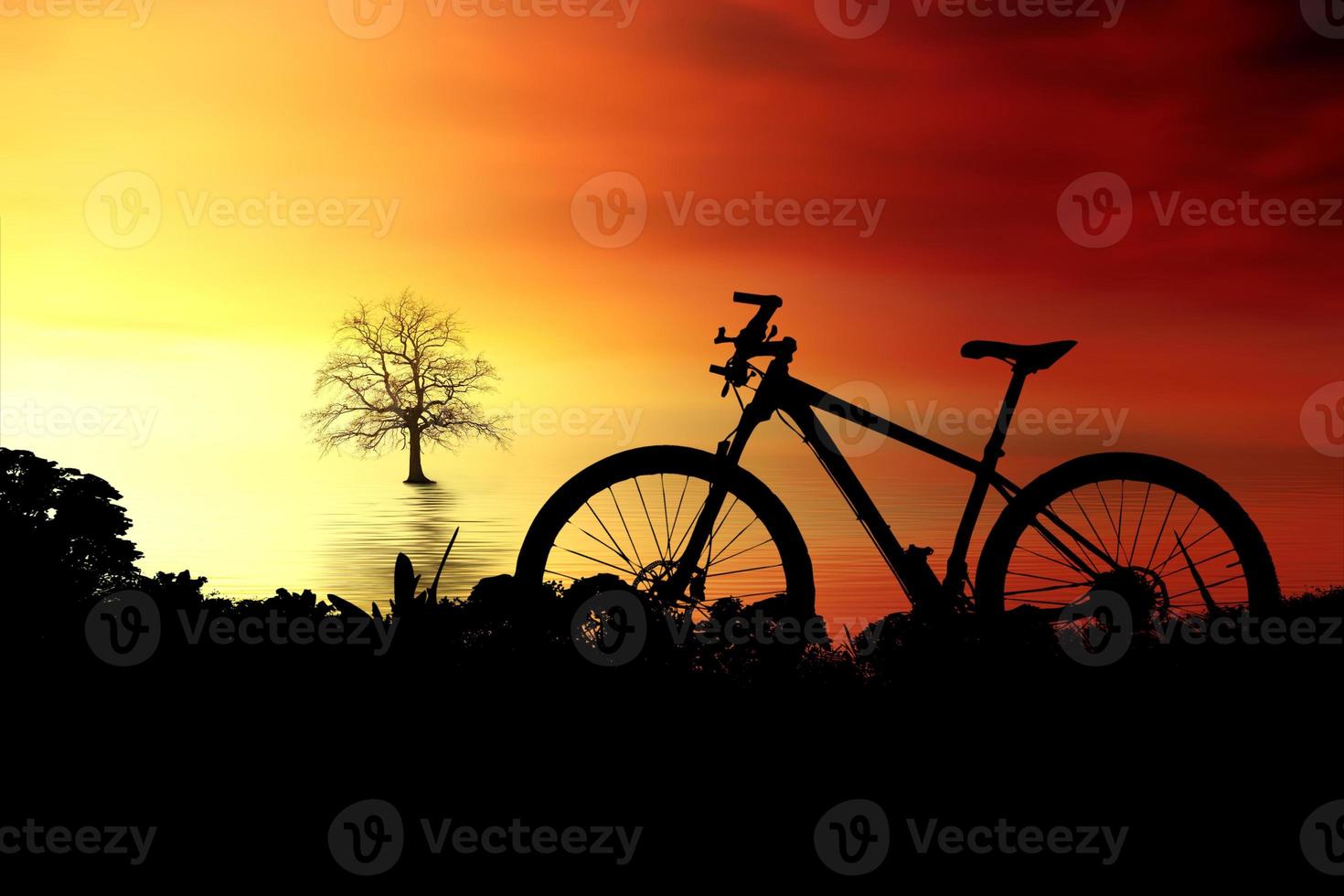 silueta de bicicleta de montaña en una hermosa vista. concepto de ciclismo y aventura foto