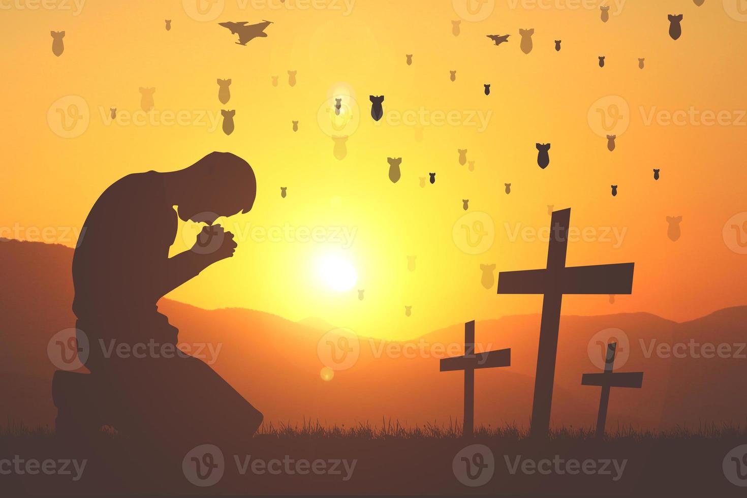 Silhouette of Christian Praying Hands Spiritual and Religious People Praying to God Christianity Concepts. End war and violence photo