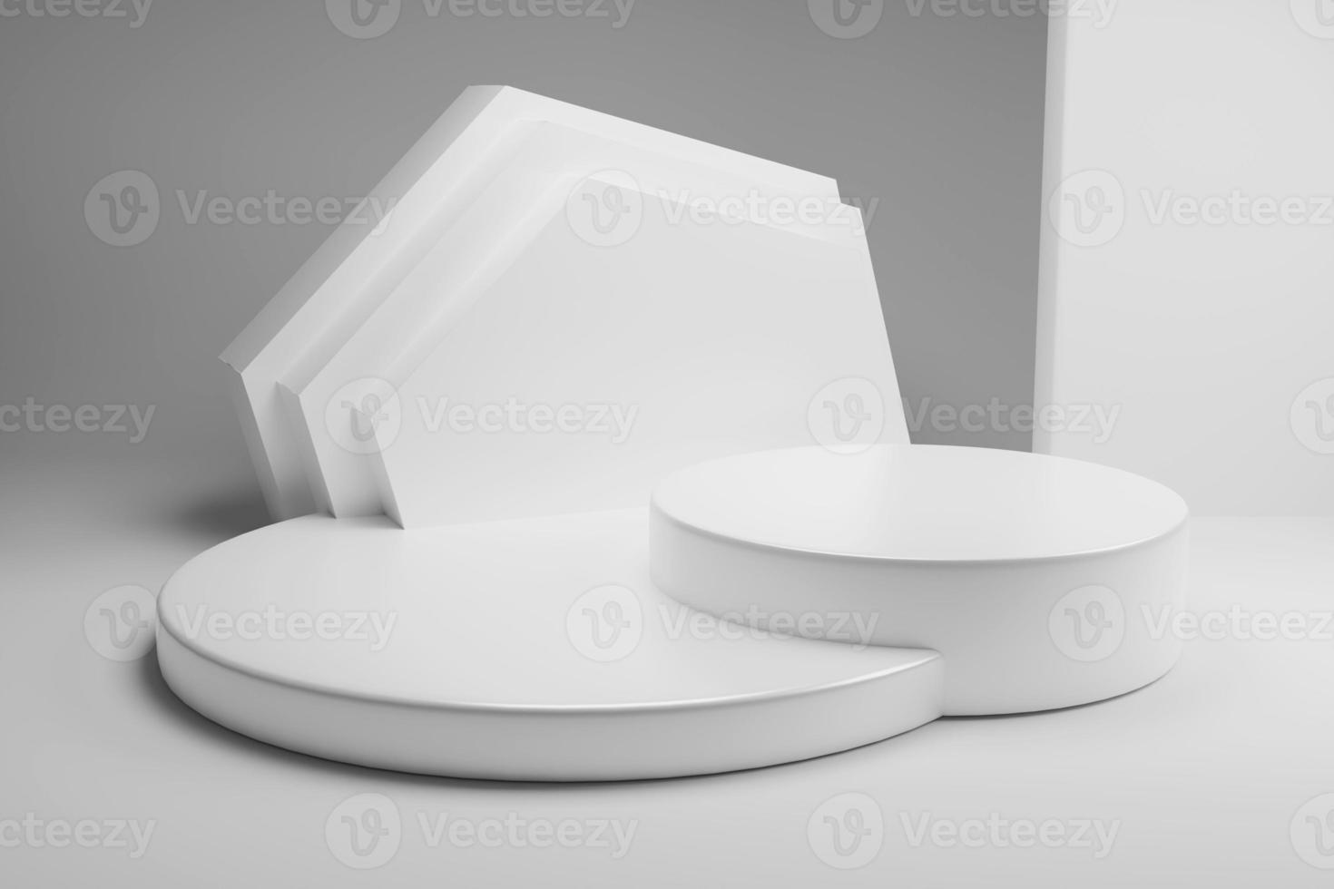 3d rendering product display mockup. White colour empty cylinder shape podiums with half hexagon shape  decorative backdrop on background. For exhibition use platform design illustration photo