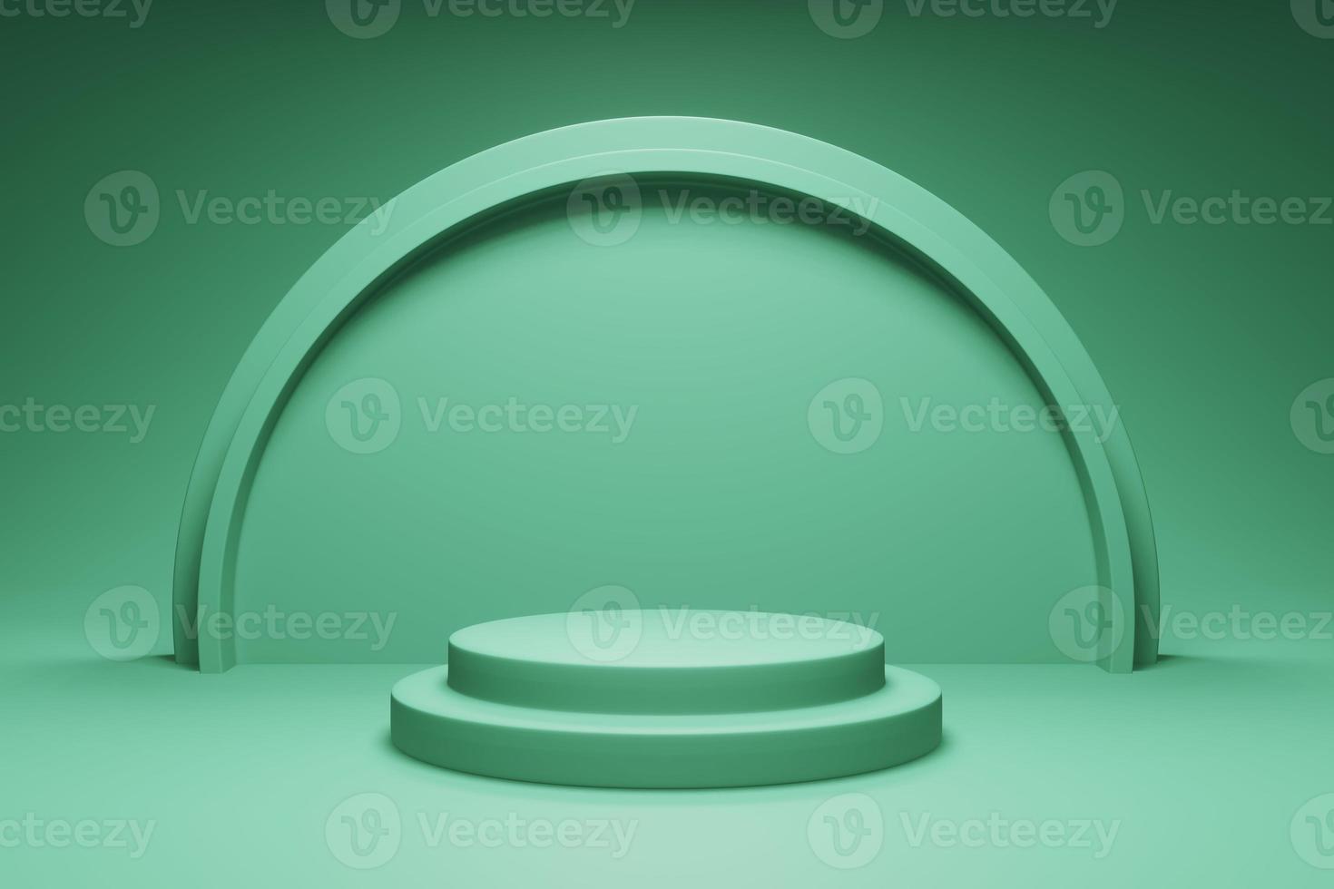 3D rendering teal colour podium or pedestal for product display background with circular shape wall decorations. 3D mockup illustration photo