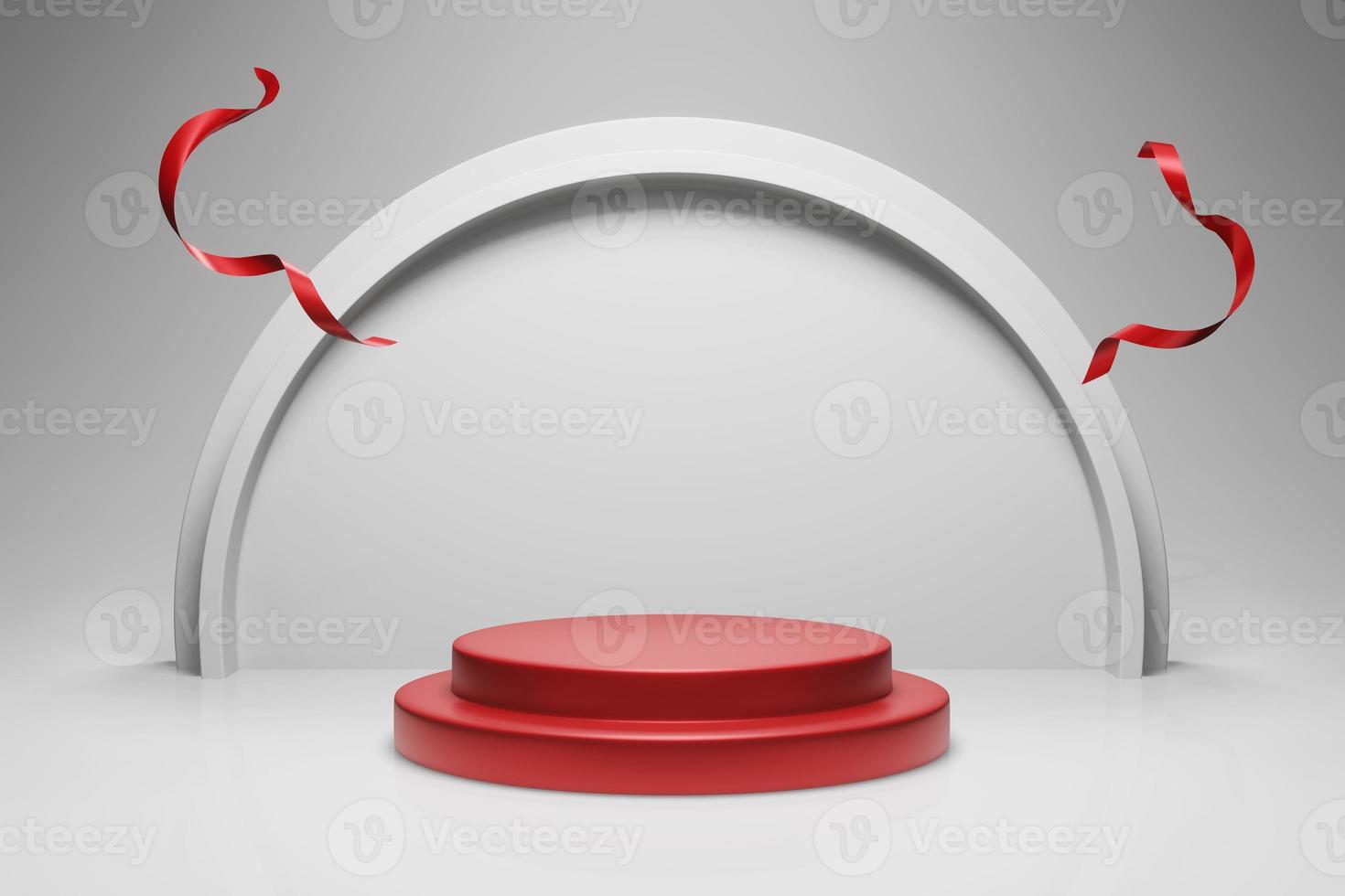 3D render white colour background in red cylinder podium and half sphere wall panel with red ribbons for product display presentation. 3D pedestal mockup for cosmetic and beauty product illustration photo