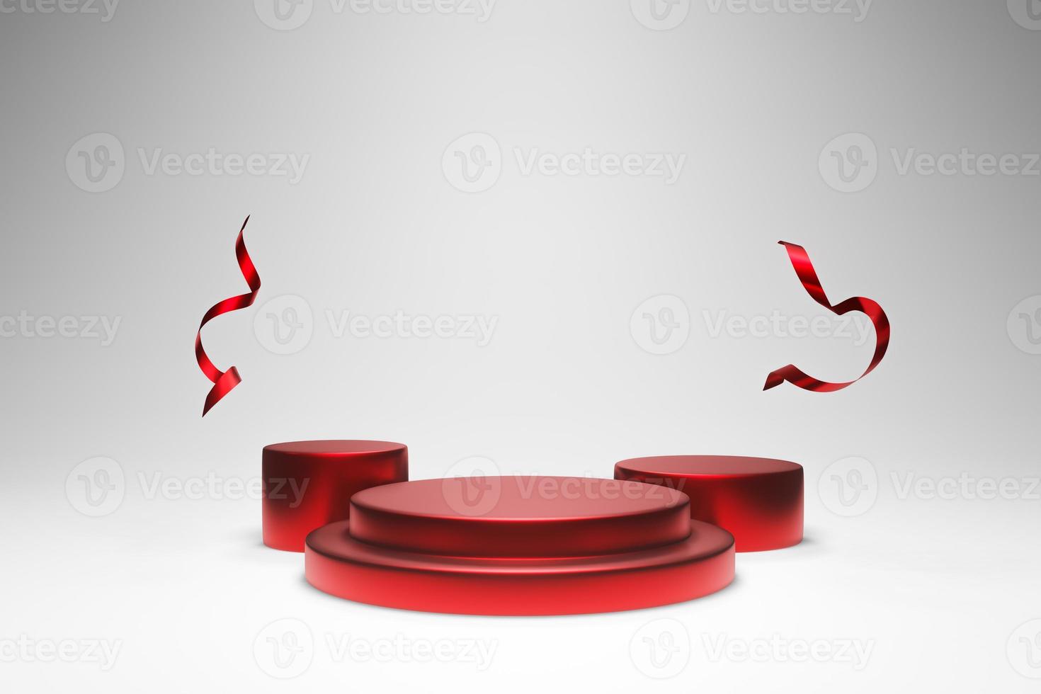 Luxury red colour theme 3D cylinders shape podium with twisted ribbon floating in the air on white wall background. 3D pedestal mockup for product display exhibition. Beauty product display podium photo
