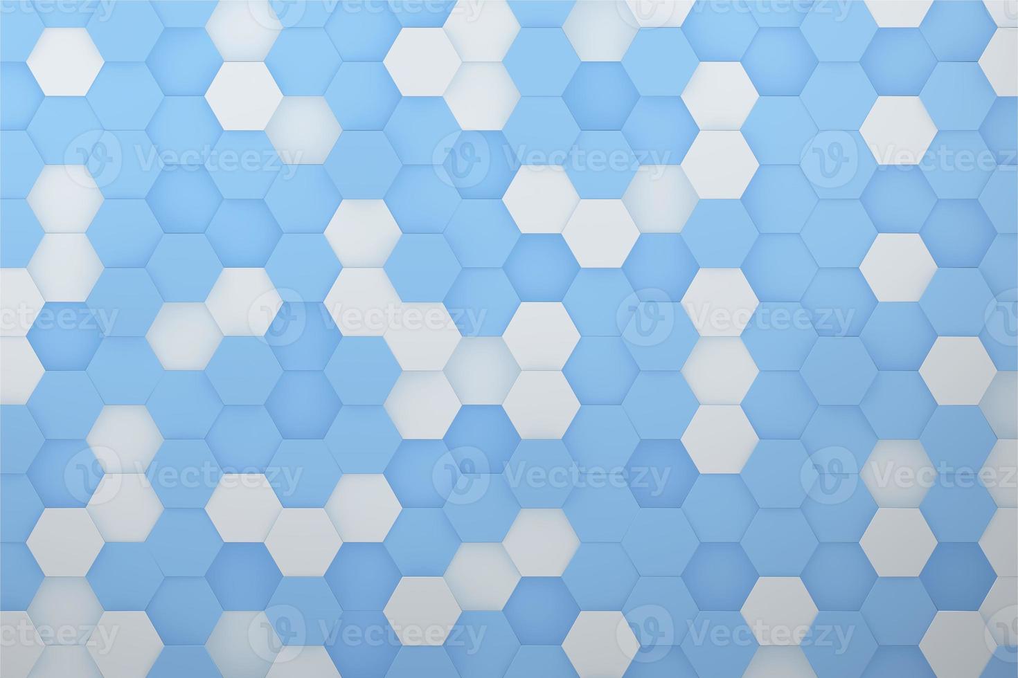 White and blue hexagon shape moving up down randomly. Abstract top view honeycomb 3D illustration rendering photo