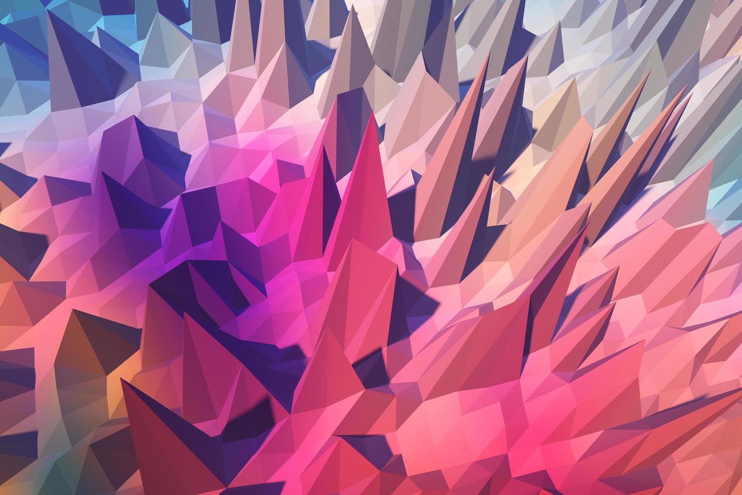 Abstract 3d rendering of low polygonal shapes. Polygonal pyramids in empty space. Futuristic vivid design background photo