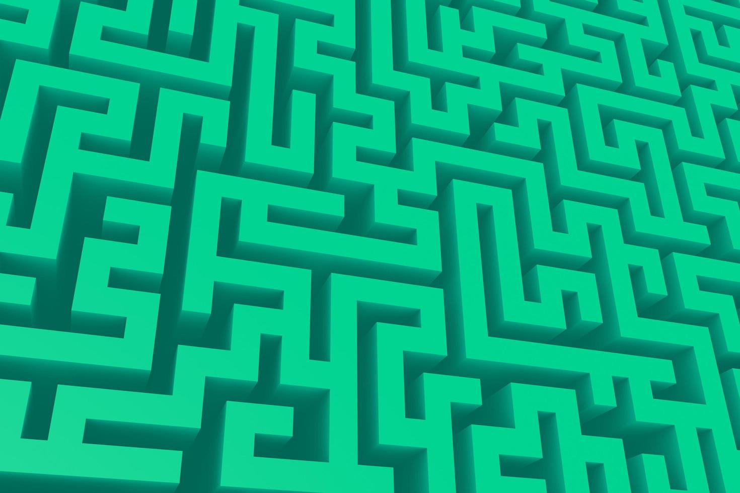 Green perspective isometric maze 3d rendering background. Volume three-dimensional labyrinth pattern design photo