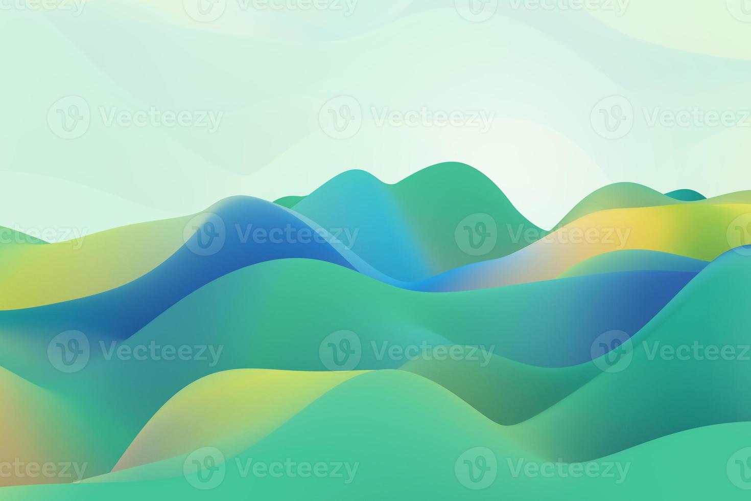 Trendy holographic liquid wave backdrop. Green, yellow and blue wavy fluid gradient 3d rendering background photo