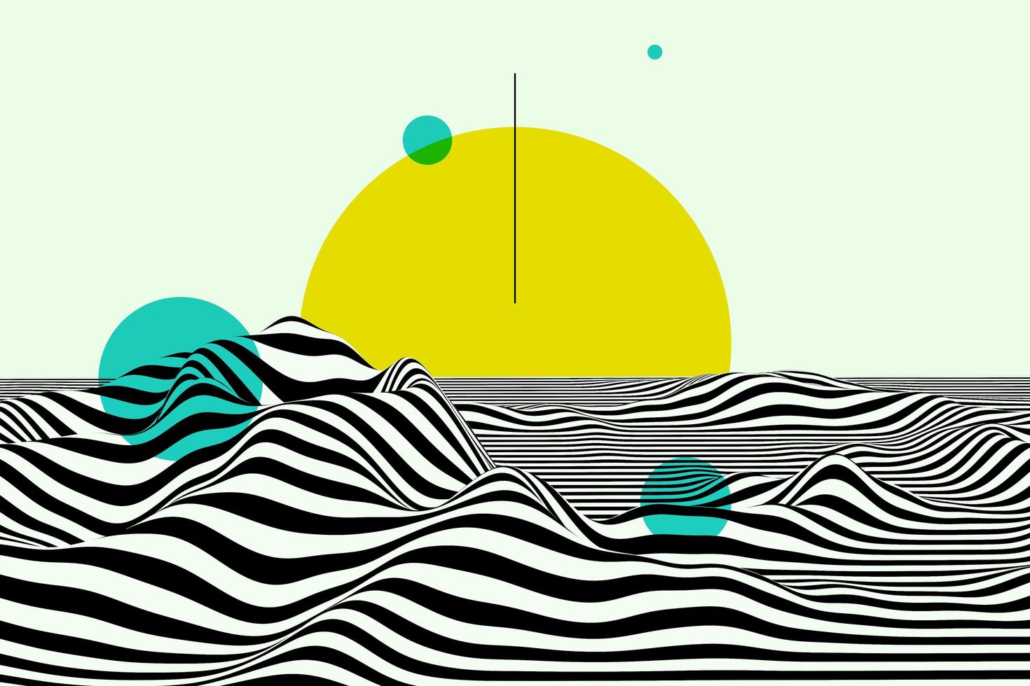 Ilustración 3d de puesta de sol abstracta. amplio horizonte marino con olas rayadas. superficie ondulada monocromática. diseño de fondo de líneas curvas en blanco y negro foto