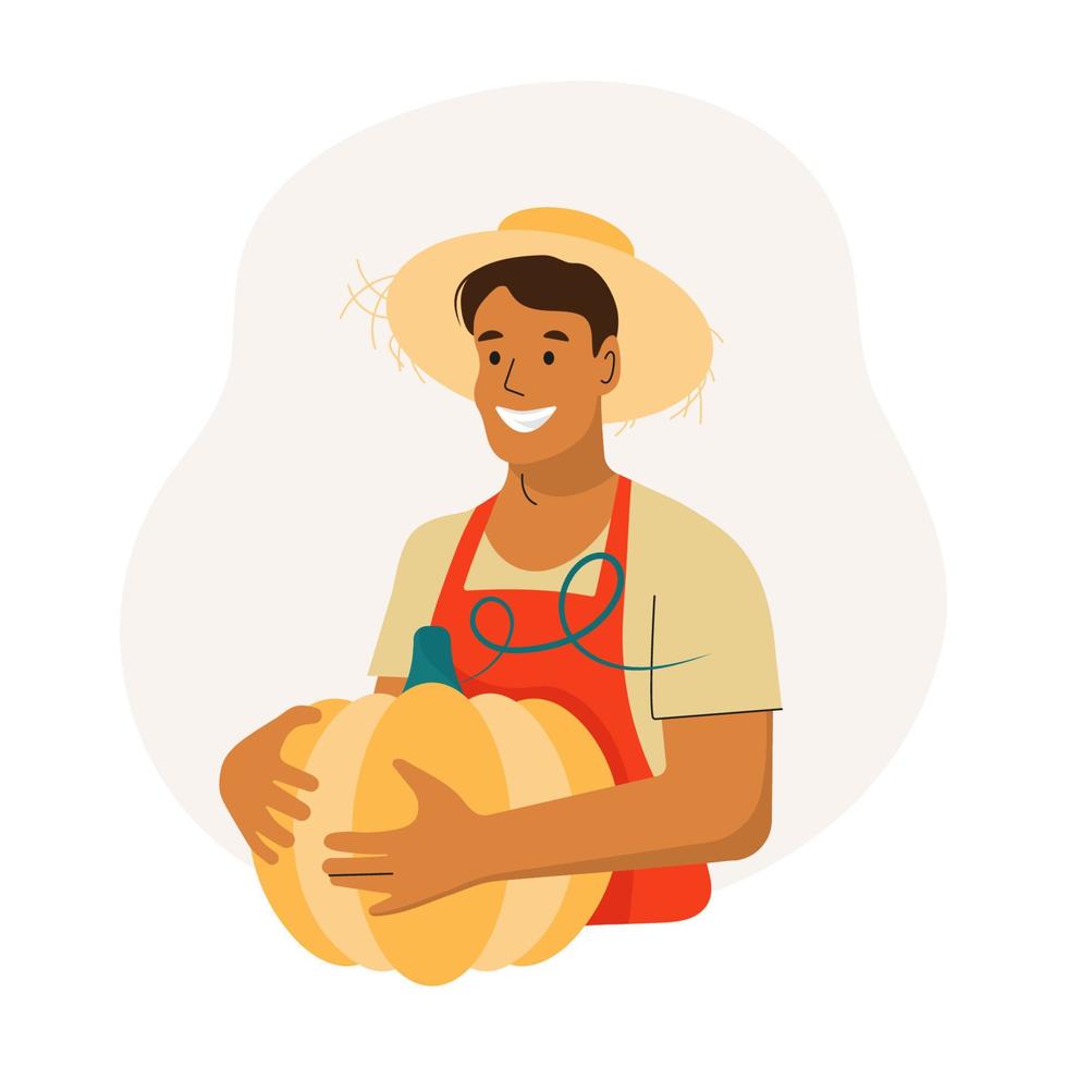 Farmer with Pumpkin. Man is a Gardener. Harvesting Pumpkins. Cute autumn harvest and garden concept illustration. Farmer isolated character on white background. Vector illustration.