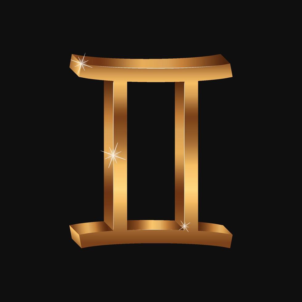 Vector realistic golden Gemini sign. 3d Zodiac symbol. Shining gold horoscope sign