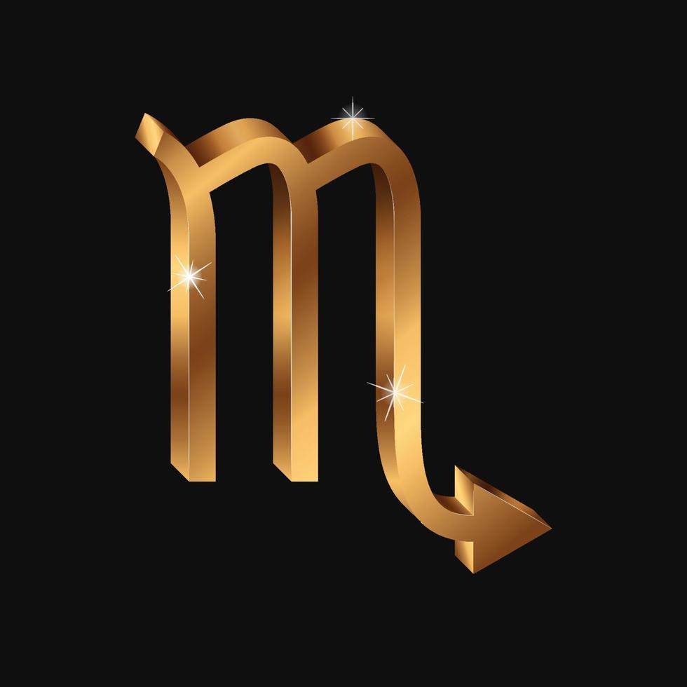 Vector realistic golden Scorpio sign. 3d Zodiac symbol. Shining gold horoscope sign Scorpion