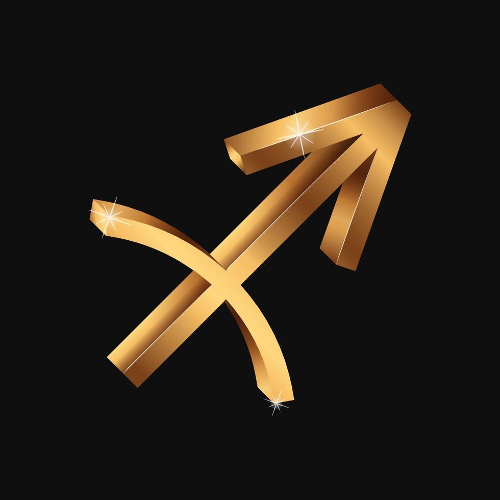 Vector realistic golden Sagittarius sign. 3d Zodiac symbol. Shining gold horoscope sign