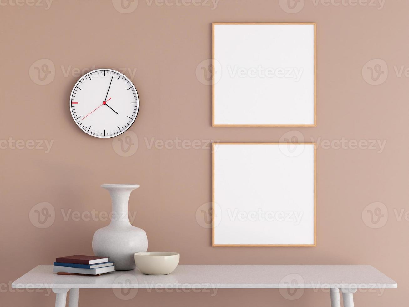 Modern and minimalist square wooden poster or photo frame mockup on the wall in the living room. 3d rendering.