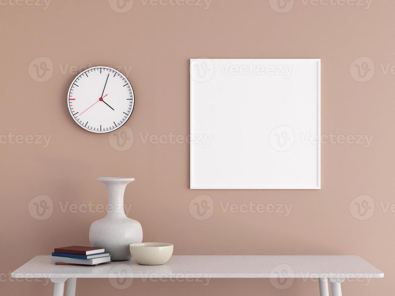 Modern and minimalist square white poster or photo frame mockup on the wall in the living room. 3d rendering.