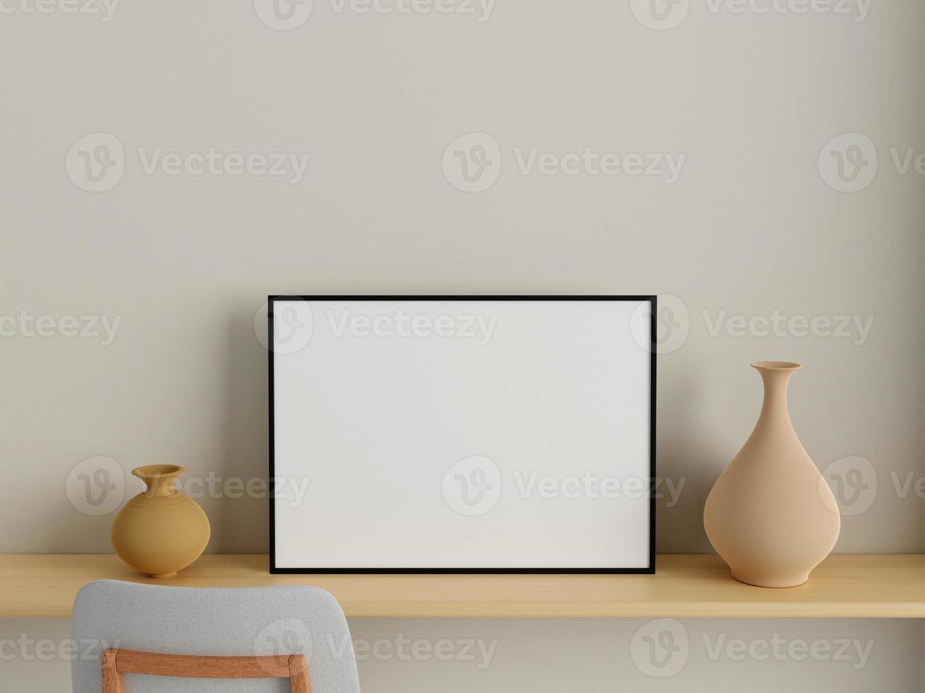 Modern and minimalist horizontal black poster or photo frame mockup on the wall in the living room. 3d rendering.