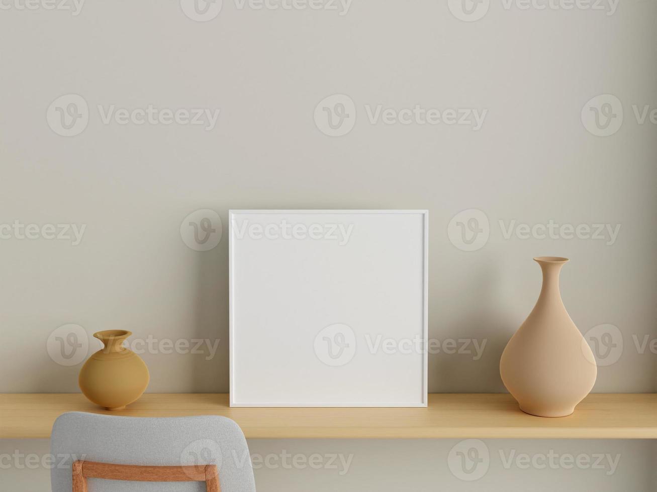 Modern and minimalist square white poster or photo frame mockup on the wall in the living room. 3d rendering.