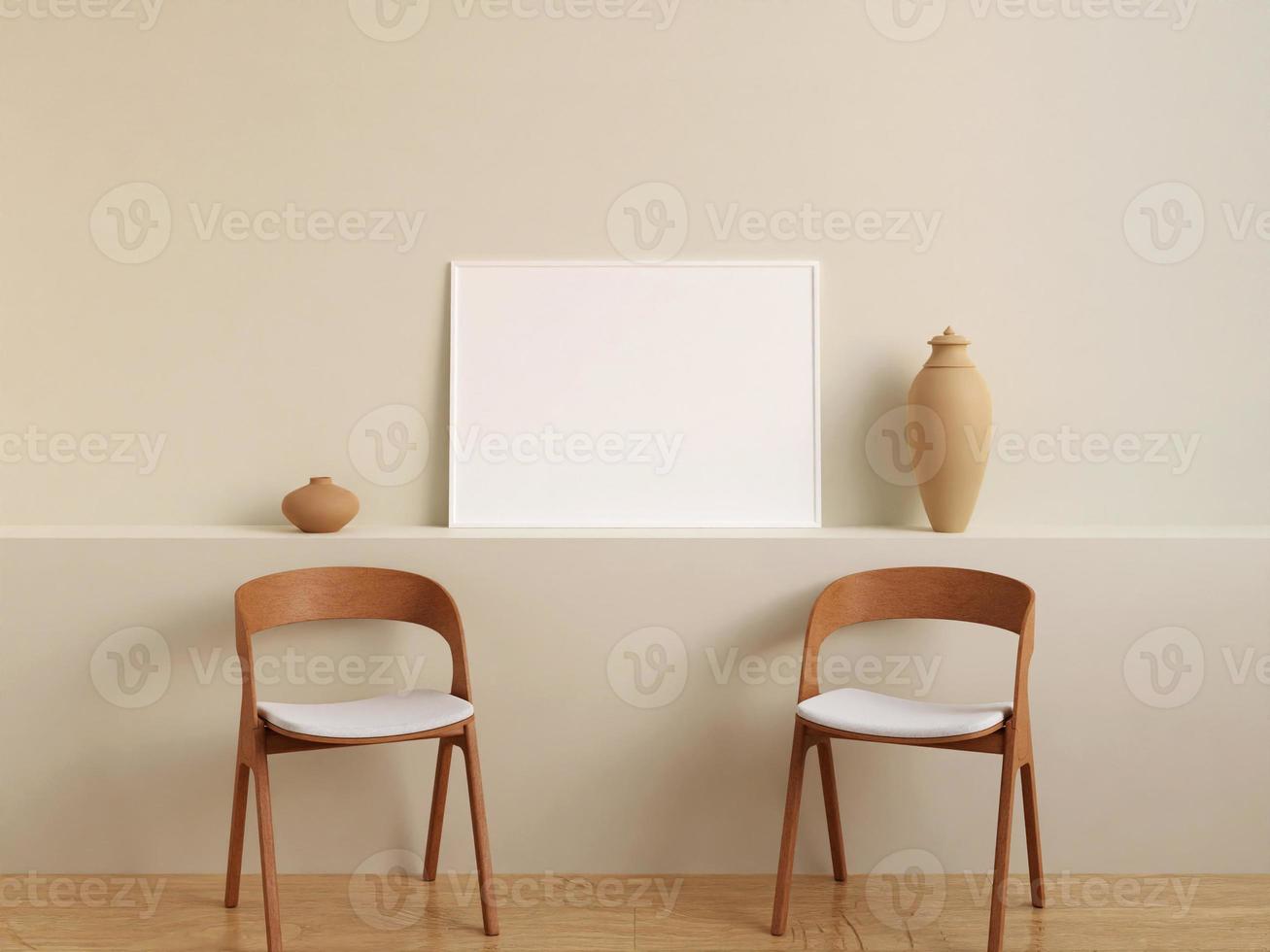 Modern and minimalist horizontal white poster or photo frame mockup on the wall in the living room. 3d rendering.