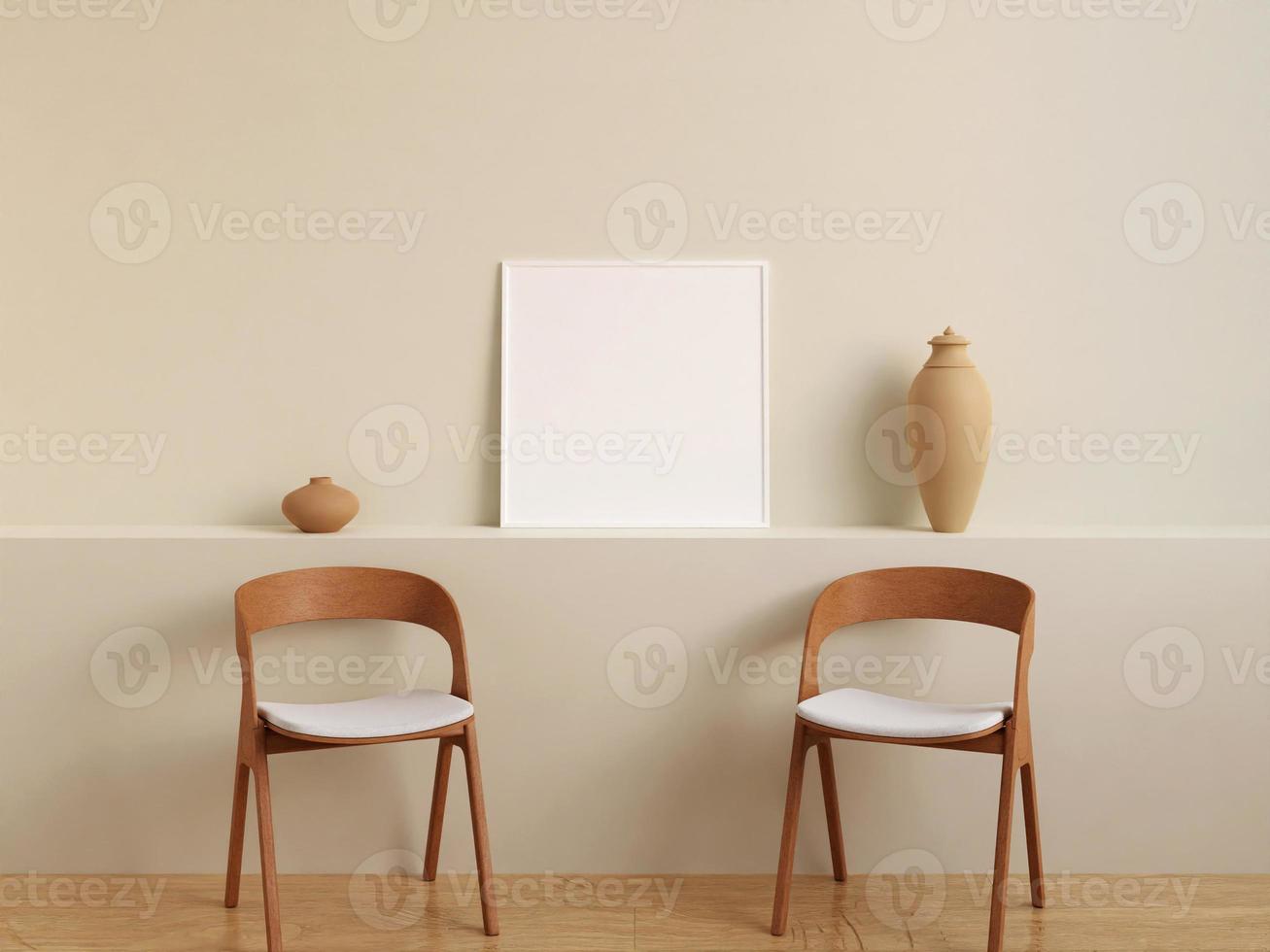 Modern and minimalist square white poster or photo frame mockup on the wall in the living room. 3d rendering.