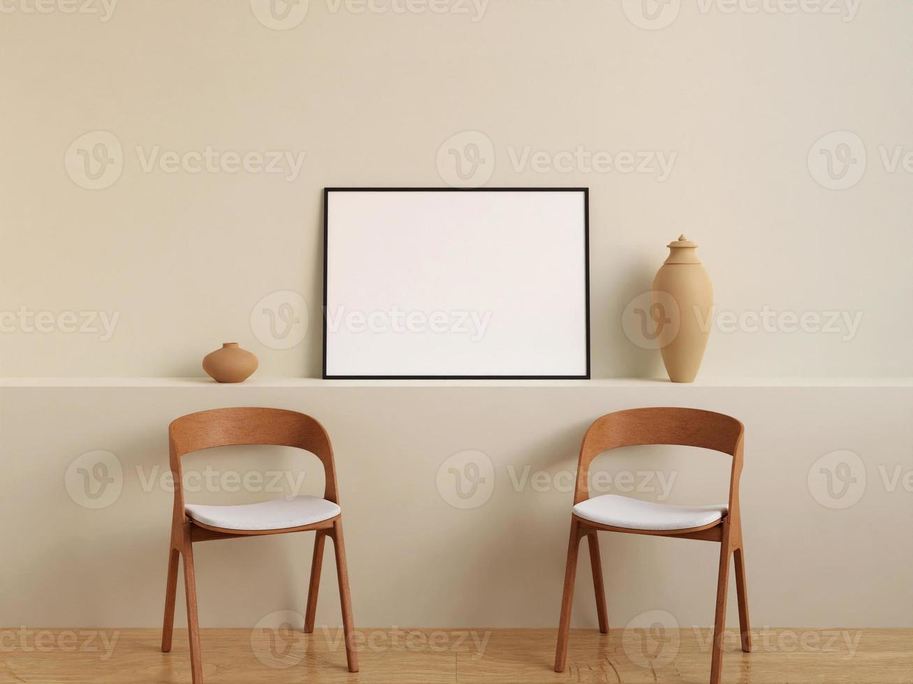 Modern and minimalist horizontal black poster or photo frame mockup on the wall in the living room. 3d rendering.