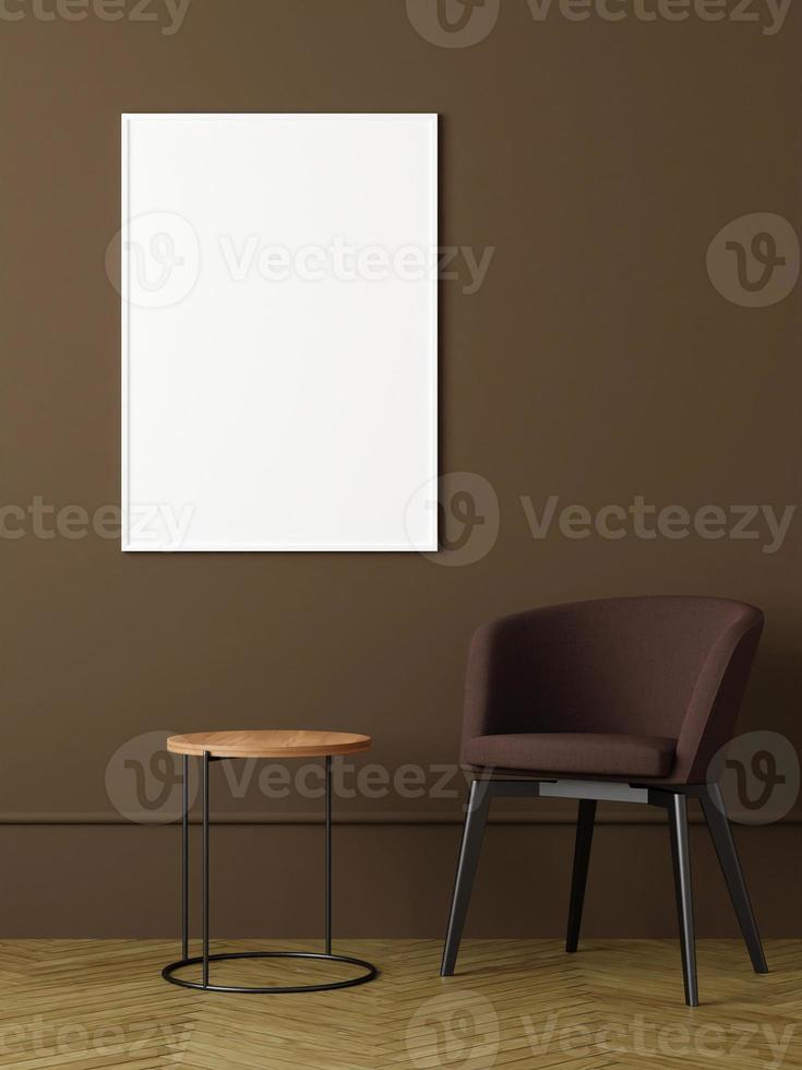 Modern and minimalist vertical white poster or photo frame mockup on the wall in the living room. 3d rendering.