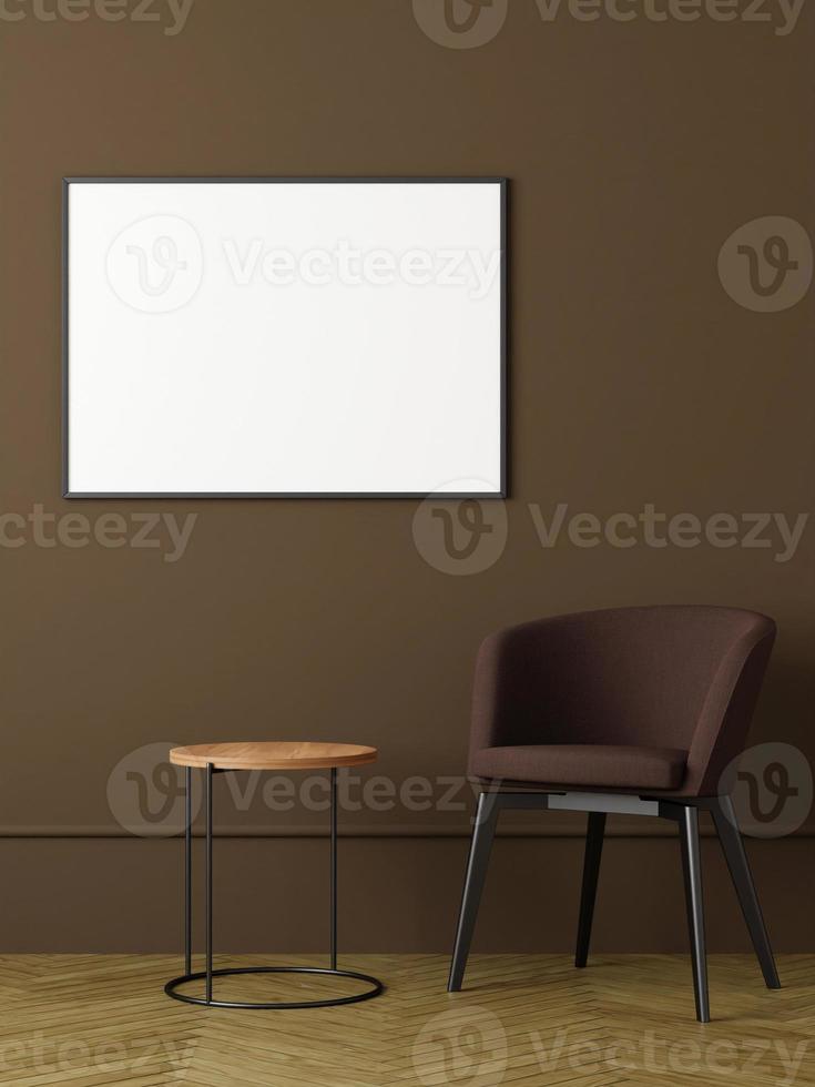 Modern and minimalist horizontal black poster or photo frame mockup on the wall in the living room. 3d rendering.
