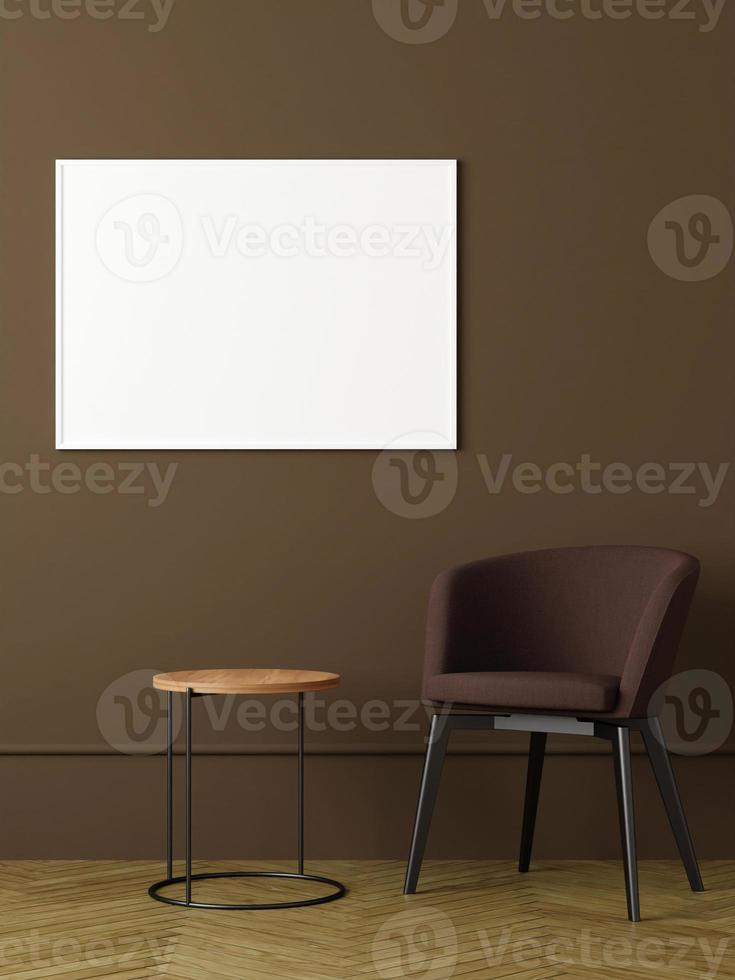 Modern and minimalist horizontal white poster or photo frame mockup on the wall in the living room. 3d rendering.