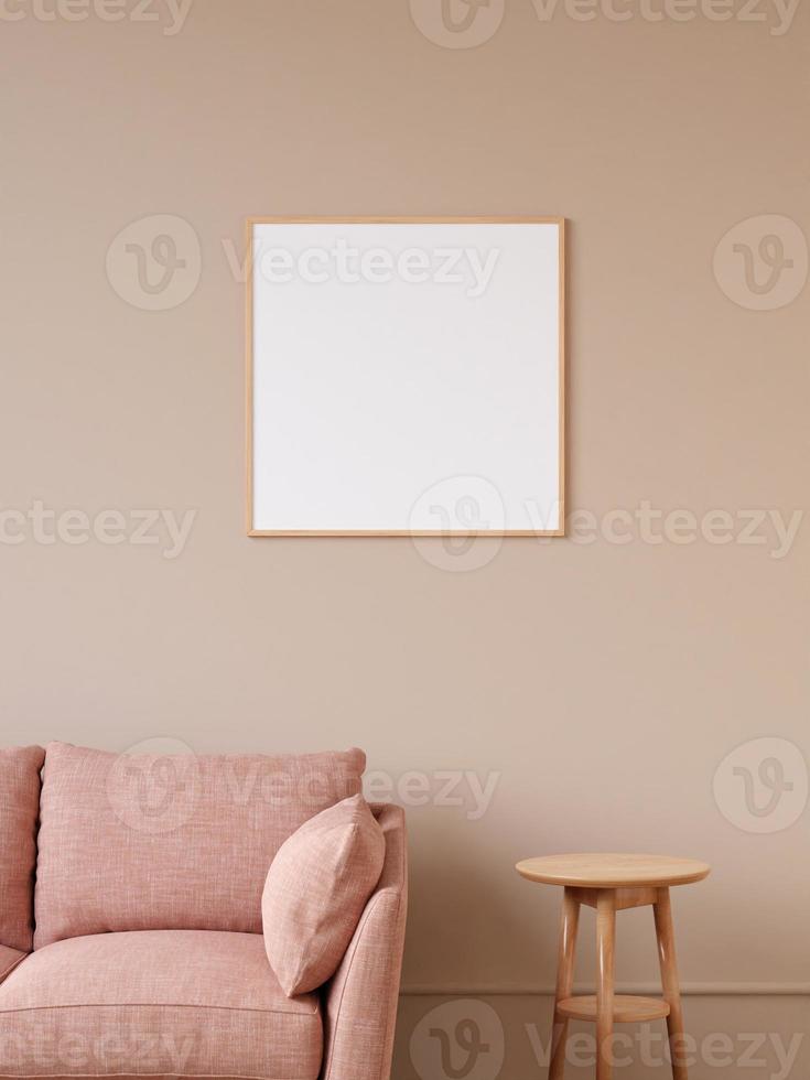 Modern and minimalist square wooden poster or photo frame mockup on the wall in the living room. 3d rendering.