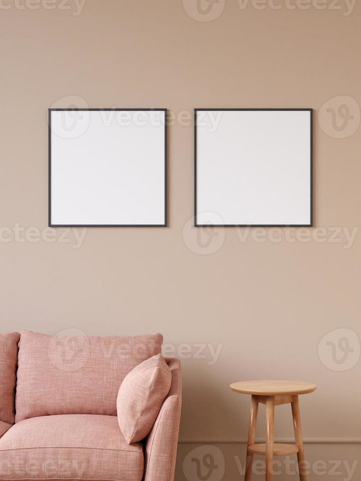 Twin modern and minimalist square black poster or photo frame mockup on the wall in the living room. 3d rendering.