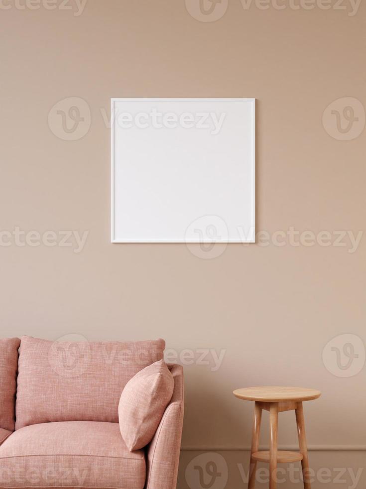Modern and minimalist square white poster or photo frame mockup on the wall in the living room. 3d rendering.