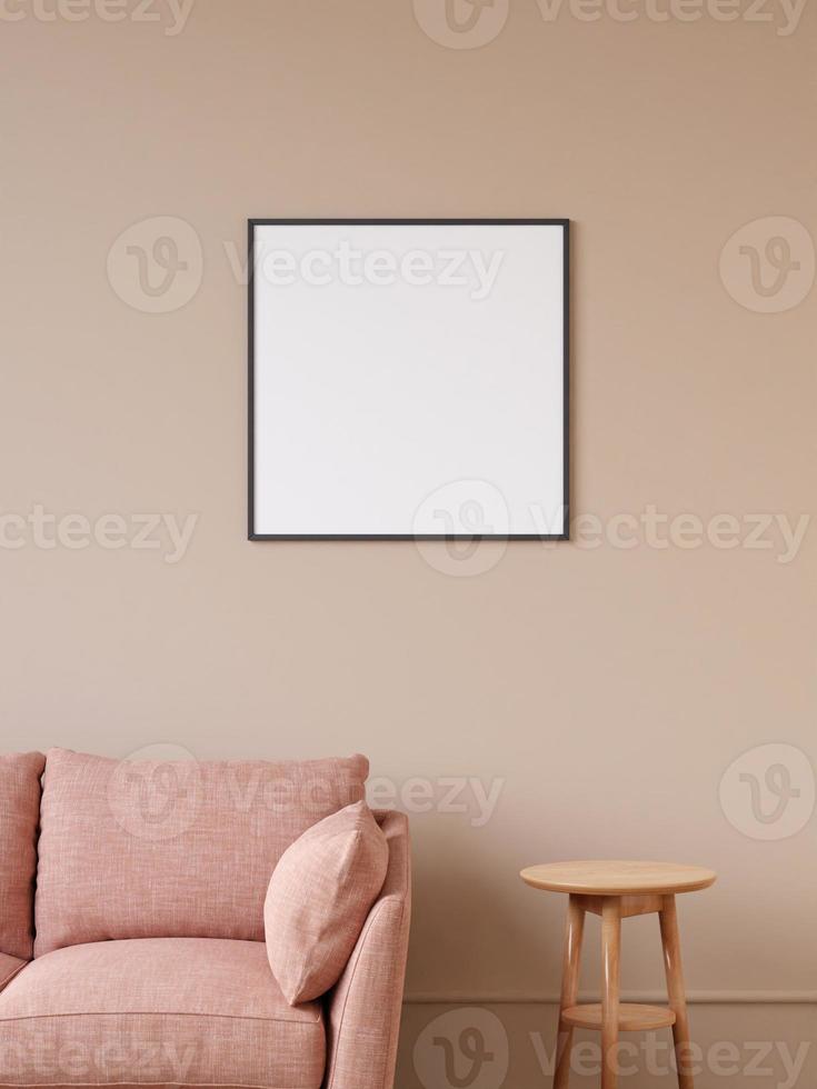 Modern and minimalist square black poster or photo frame mockup on the wall in the living room. 3d rendering.