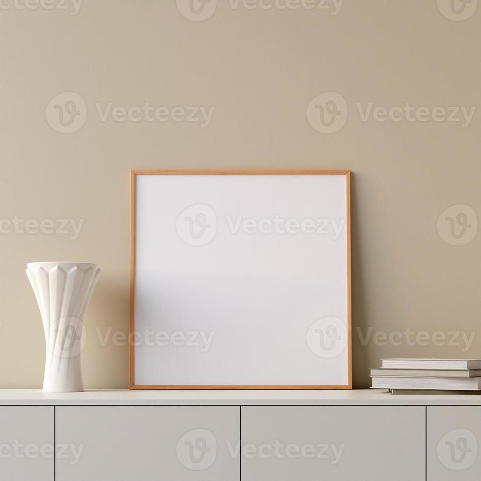 Modern and minimalist square wooden poster or photo frame mockup on the table in the living room. 3d rendering.