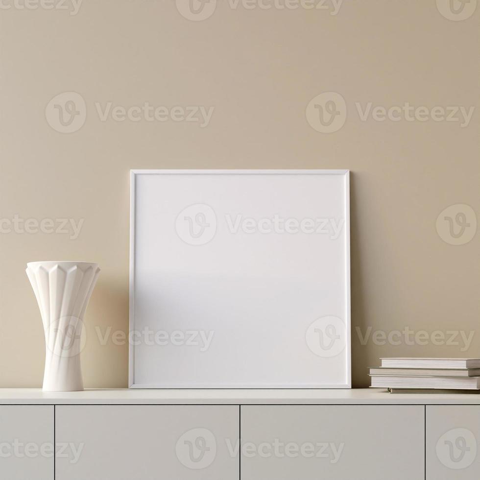 Modern and minimalist square white poster or photo frame mockup on the table in the living room. 3d rendering.