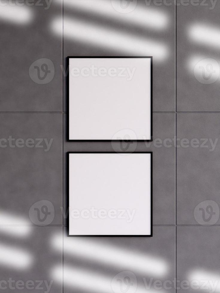 Twin modern and minimalist square black poster or photo frame mockup on the concrete wall in a room. 3d rendering.