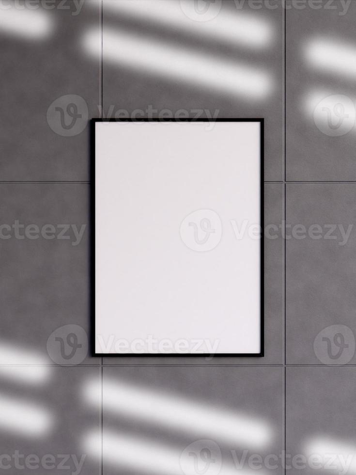 Modern and minimalist vertical black poster or photo frame mockup on the concrete wall in a room. 3d rendering.