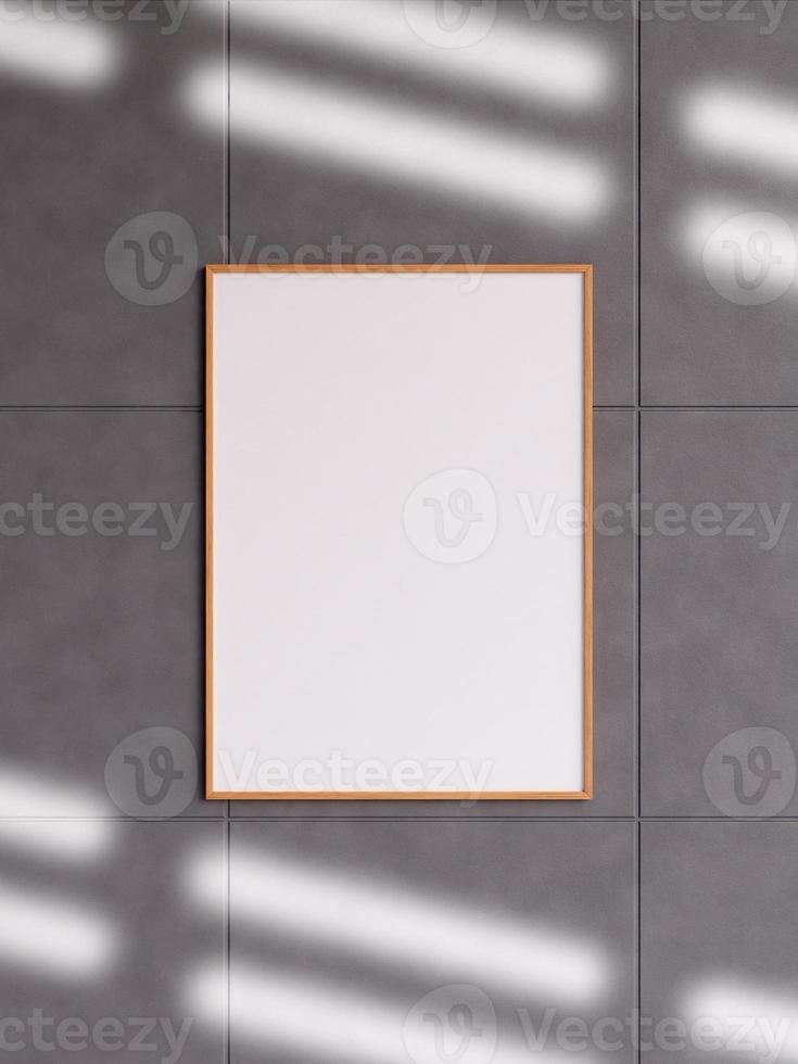 Modern and minimalist vertical wooden poster or photo frame mockup on the concrete wall in a room. 3d rendering.