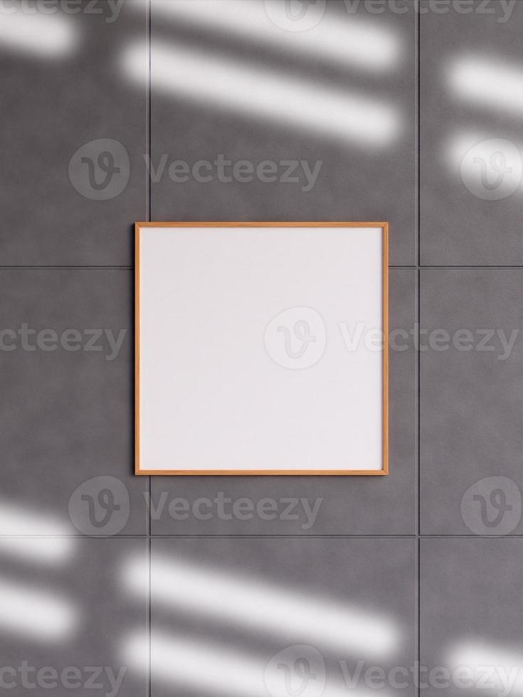 Modern and minimalist square wooden poster or photo frame mockup on the concrete wall in a room. 3d rendering.