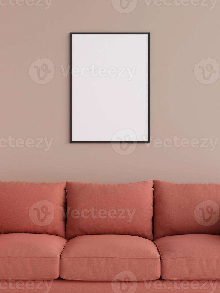Modern and minimalist vertical black poster or photo frame mockup on the wall in the living room. 3d rendering.