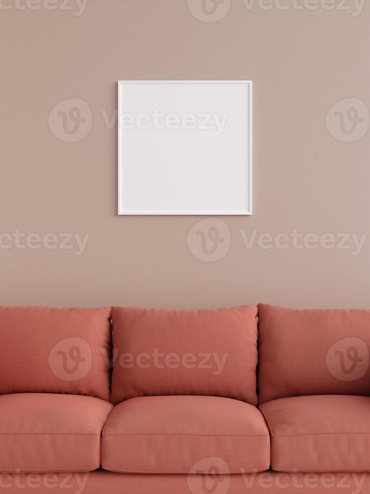 Modern and minimalist square white poster or photo frame mockup on the wall in the living room. 3d rendering.