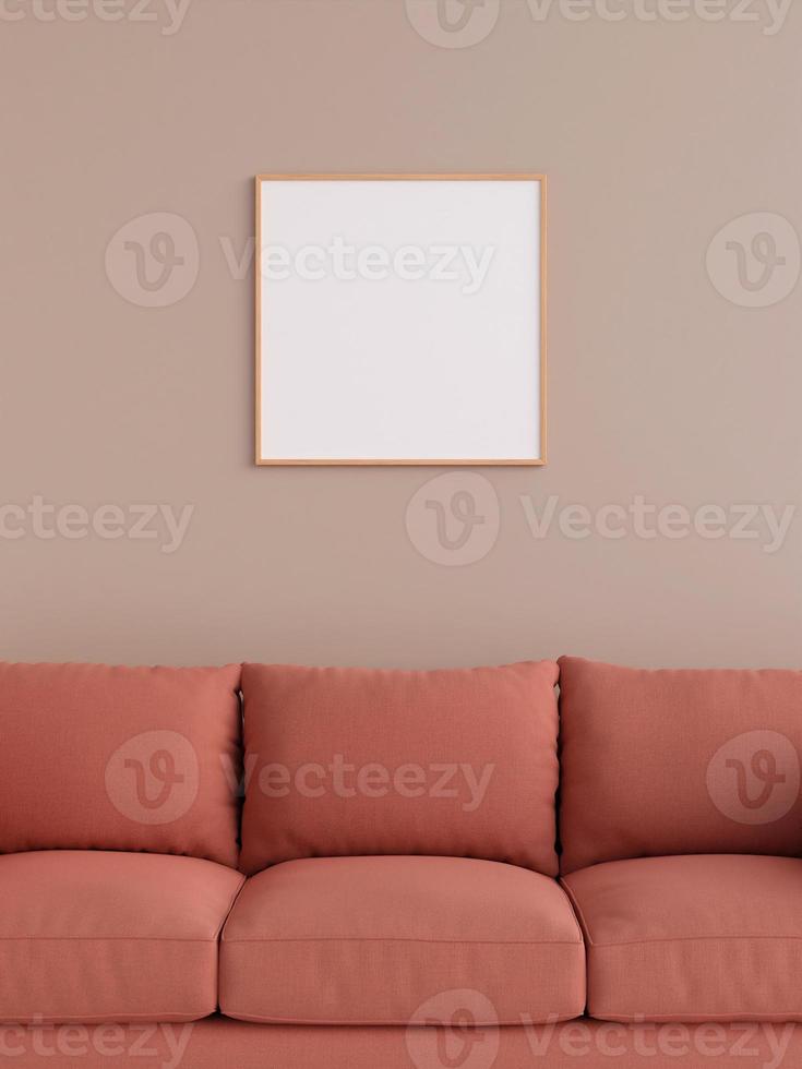Modern and minimalist square wooden poster or photo frame mockup on the wall in the living room. 3d rendering.