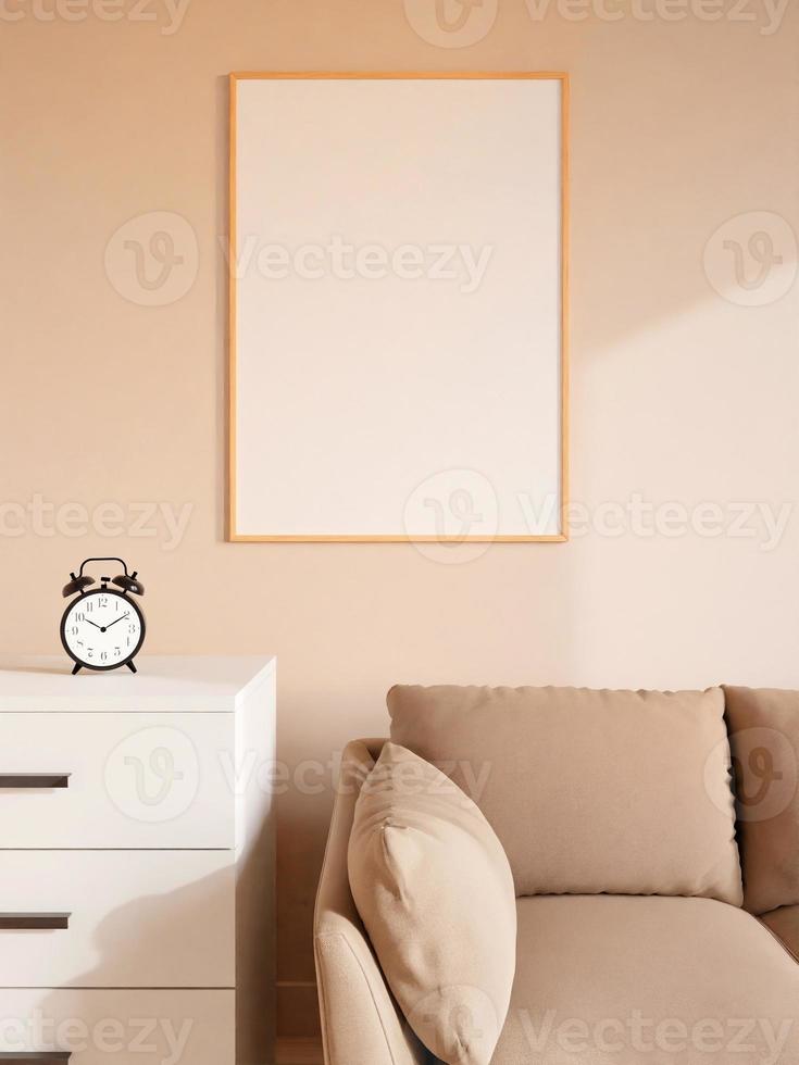 Modern and minimalist vertical wooden poster or photo frame mockup on the wall in the living room. 3d rendering.