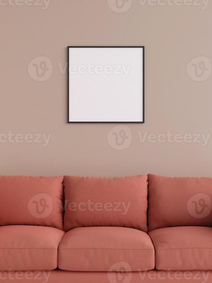 Modern and minimalist square black poster or photo frame mockup on the wall in the living room. 3d rendering.